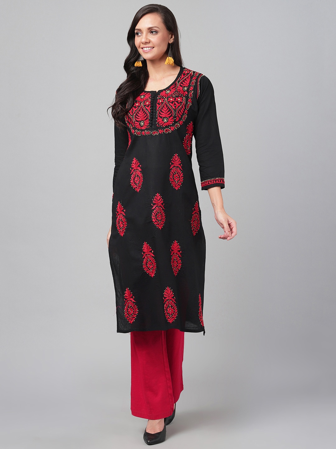 

ADA Women Black & Red Chikankari Hand Embroidered Straight Sustainable Handloom Kurta