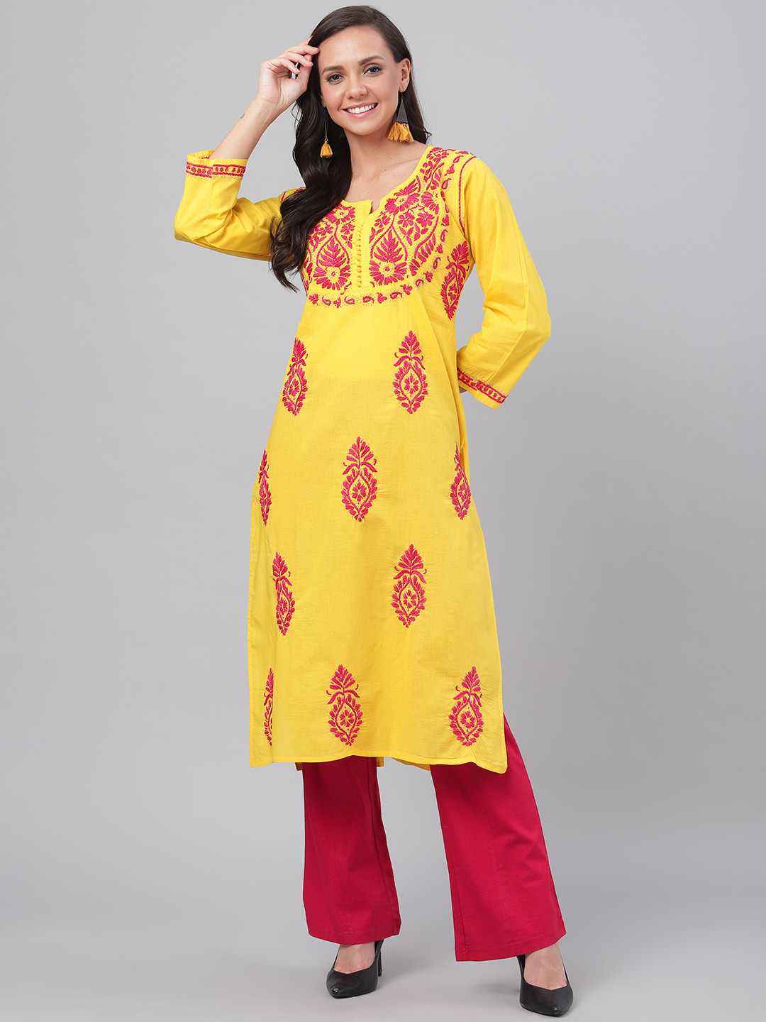 

ADA Women Yellow & Red Chikankari Hand Embroidered Straight Sustainable Handloom Kurta