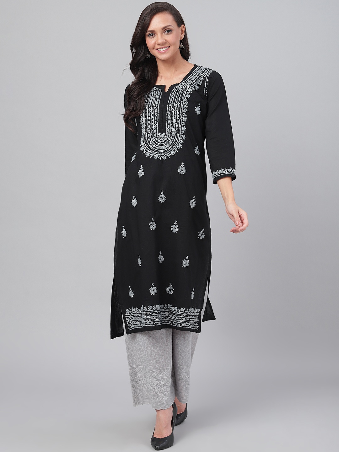 

ADA Women Black & Grey Chikankari Hand Embroidered Straight Handloom Kurta