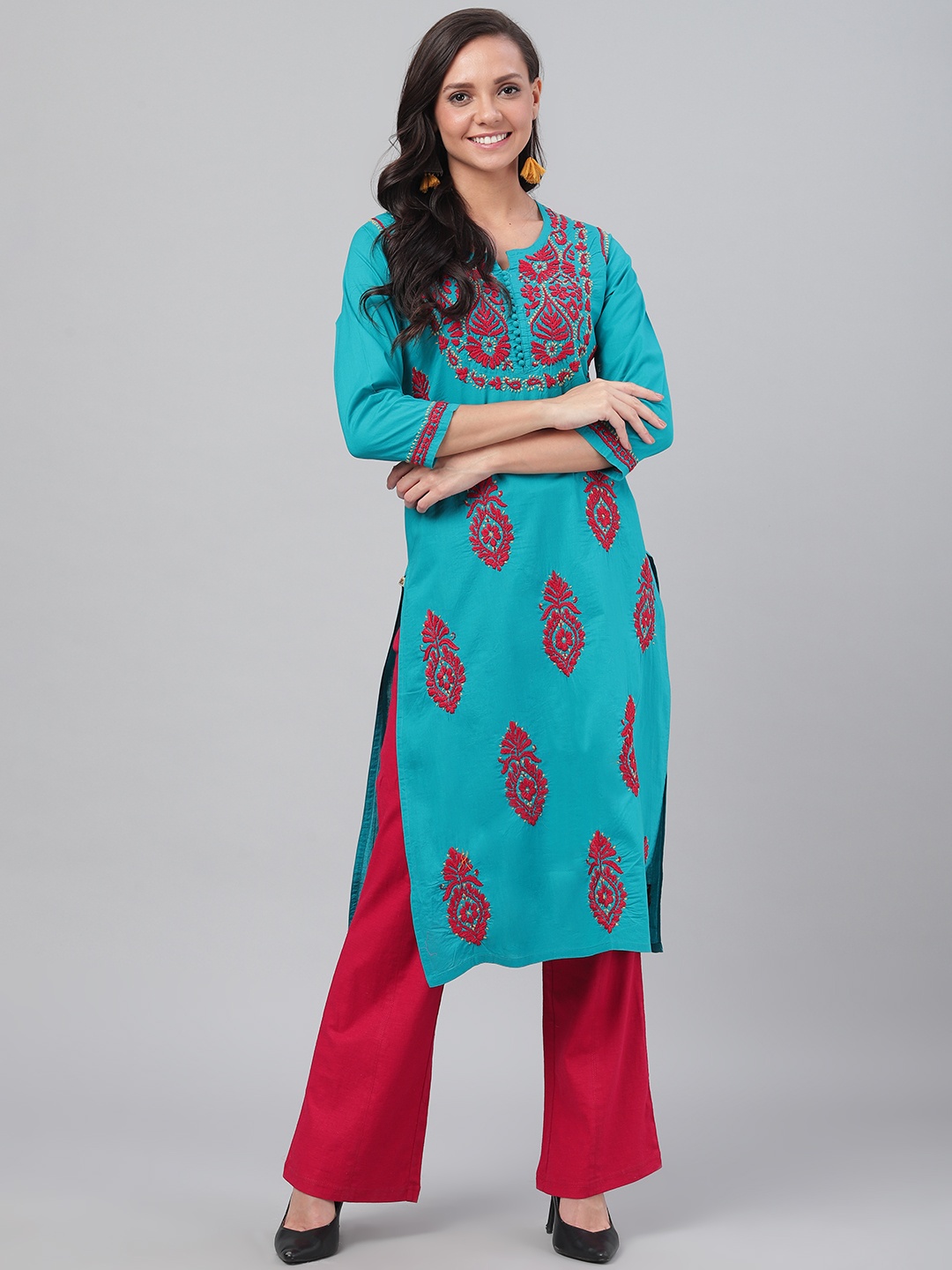 

ADA Women Teal Blue & Red Embroidered Straight Sustainable Kurta