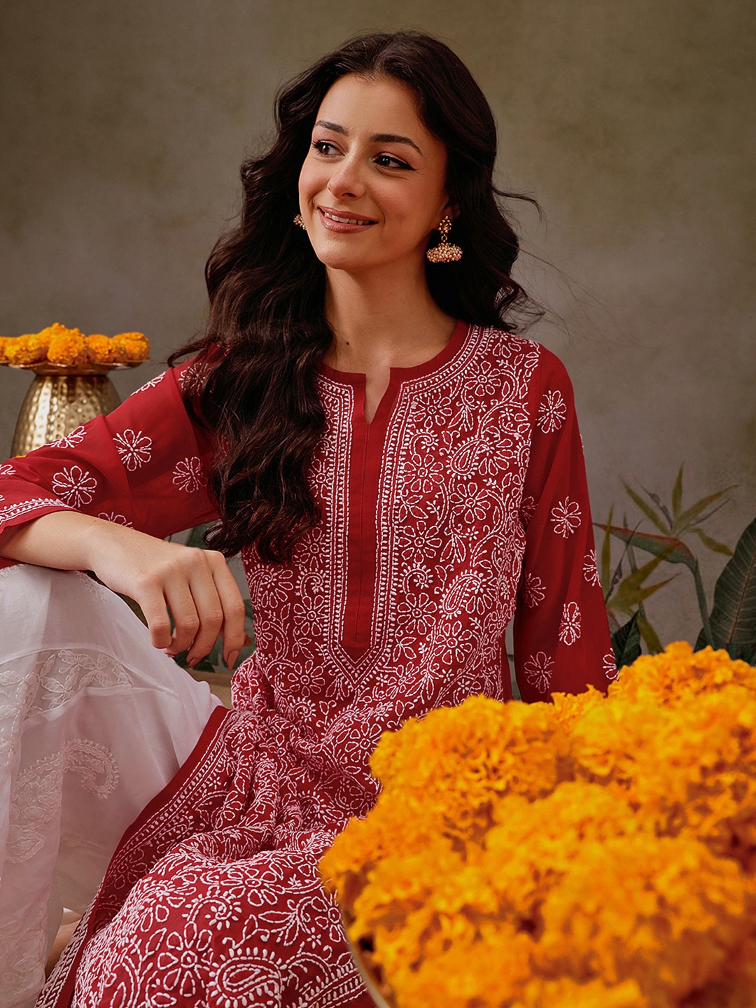 

ADA Women Red & White Chikankari Embroidered Straight Handloom Kurta