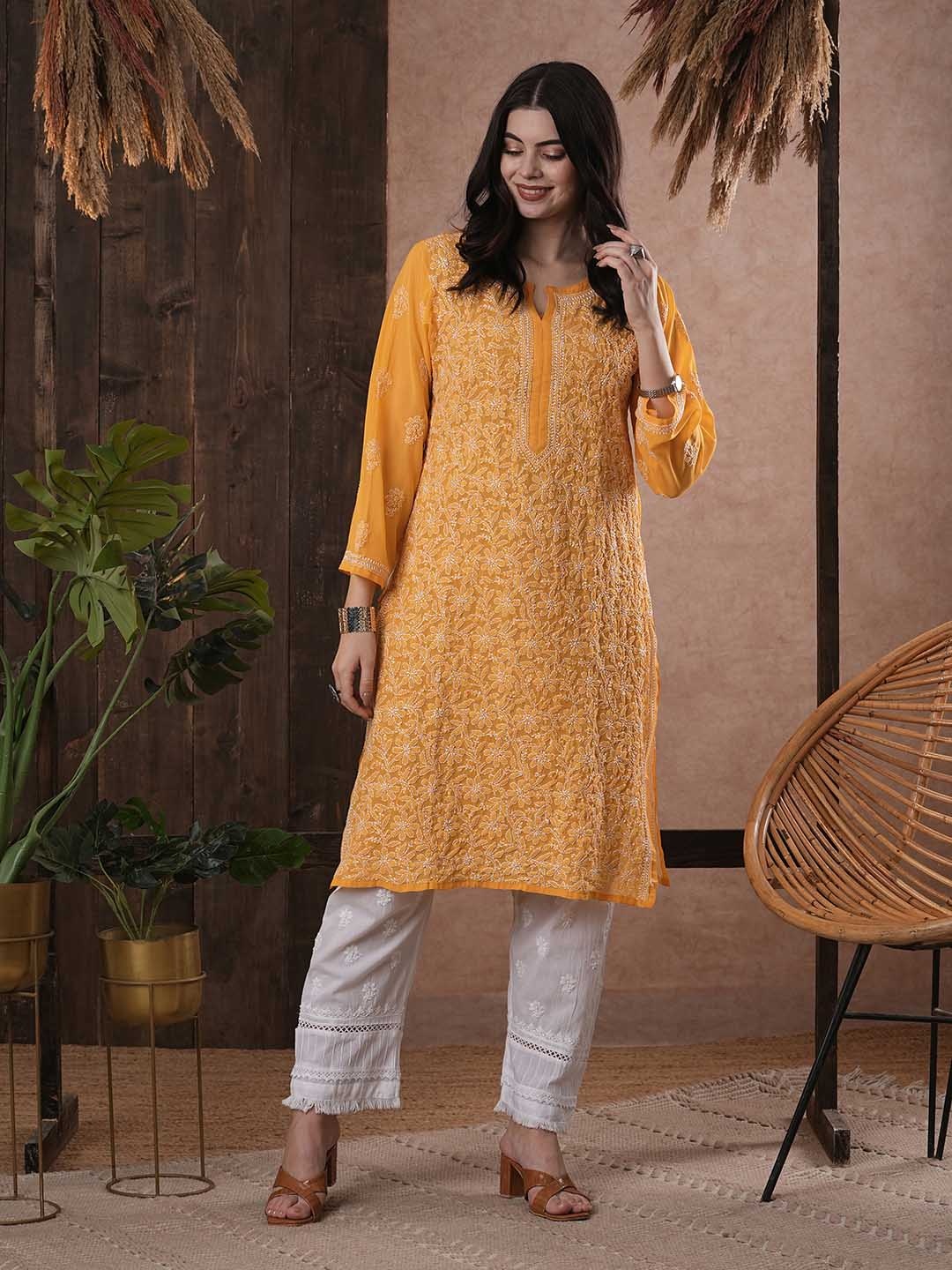 

ADA Women Yellow & White Chikankari Embroidered Straight Sustainable Handloom Kurta