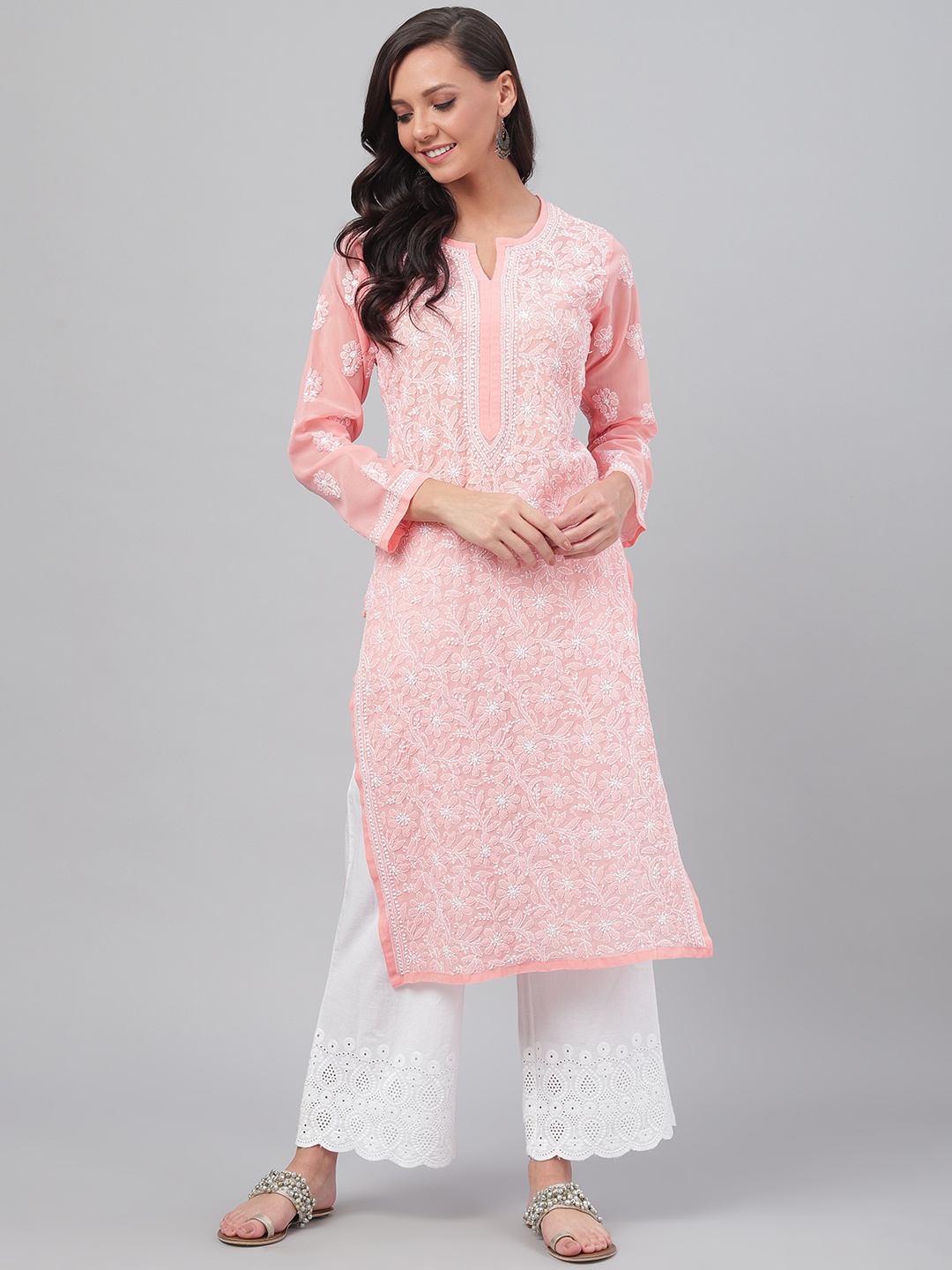 

ADA Women Peach-Coloured & White Chikankari Embroidered Straight Handloom Kurta