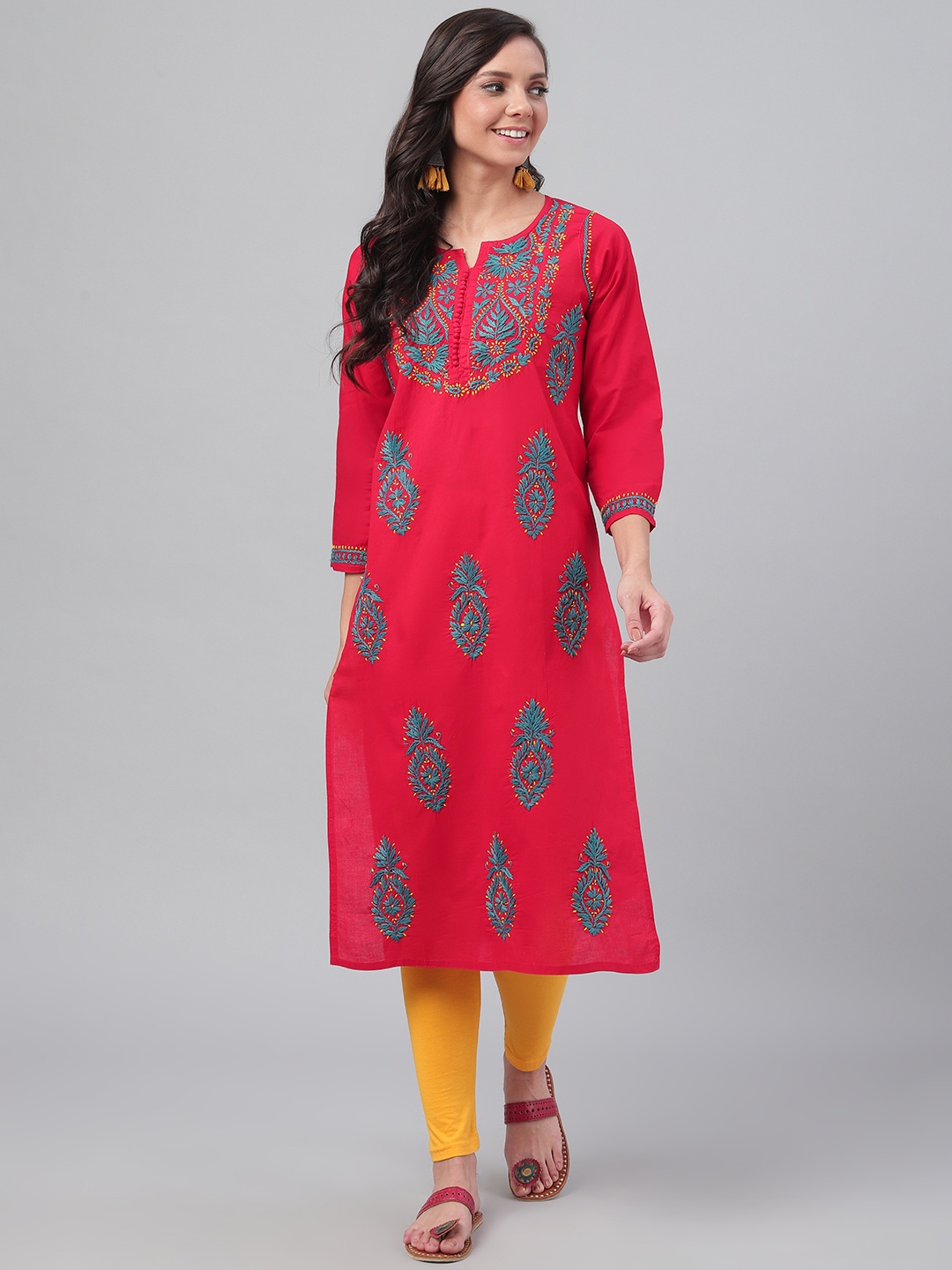 

ADA Women Red & Blue Chikankari Hand Embroidered Straight Sustainable Handloom Kurta