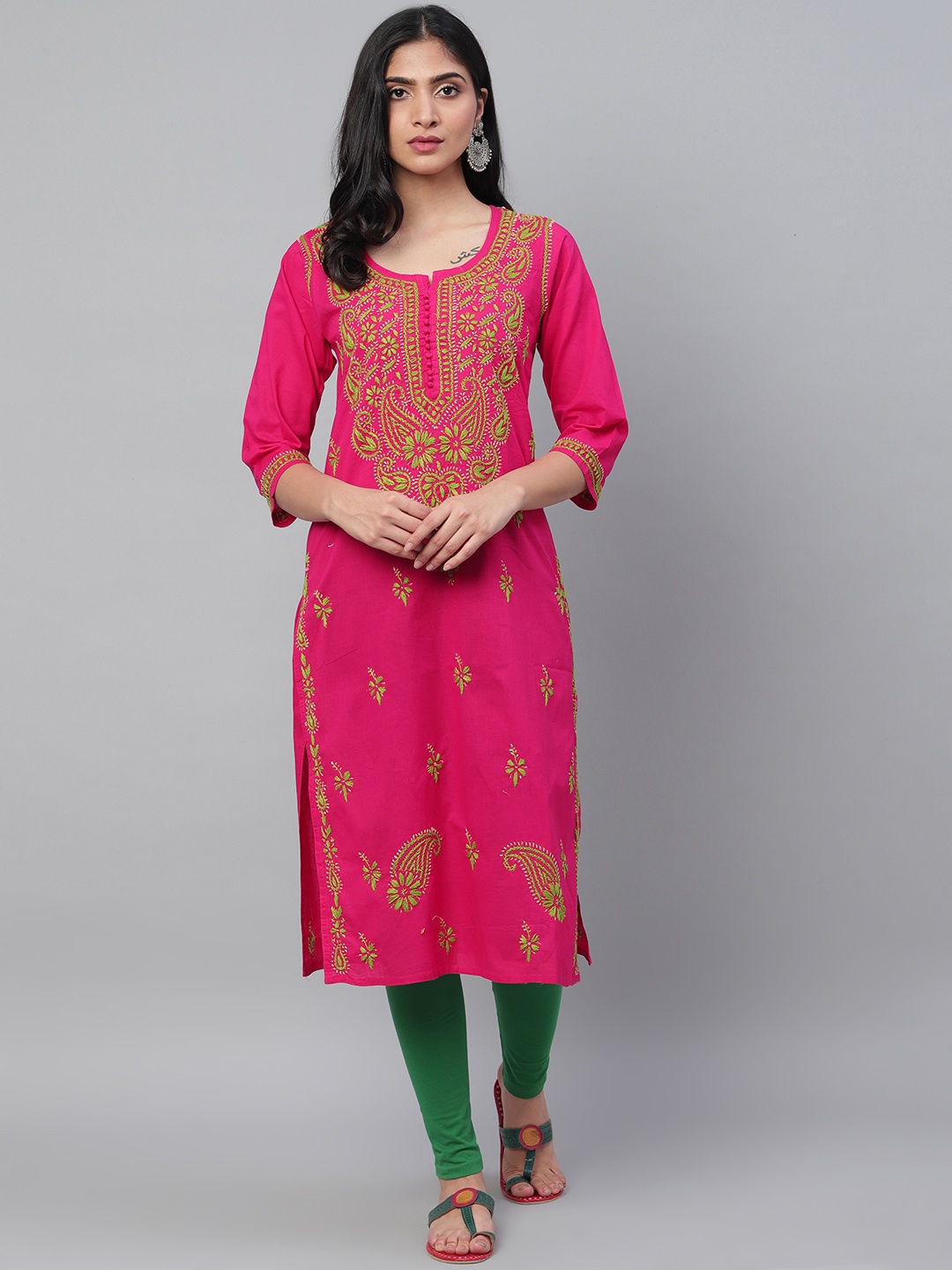 

ADA Women Pink & Green Chikankari Embroidered Straight Sustainable Handloom Kurta