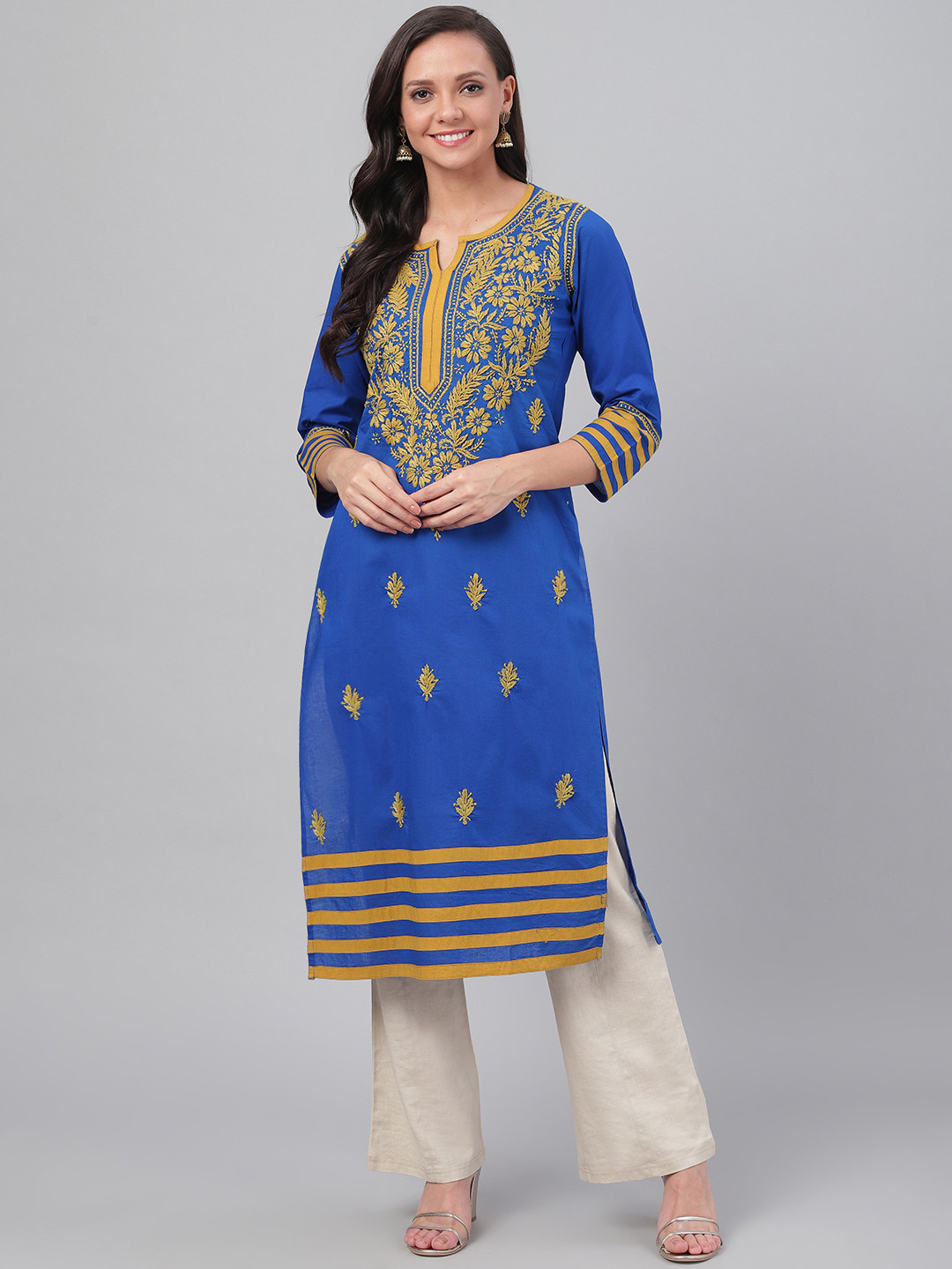 

ADA Women Blue & Mustard Yellow Chikankari Hand Embroidered Straight Sustainable Handloom Kurta