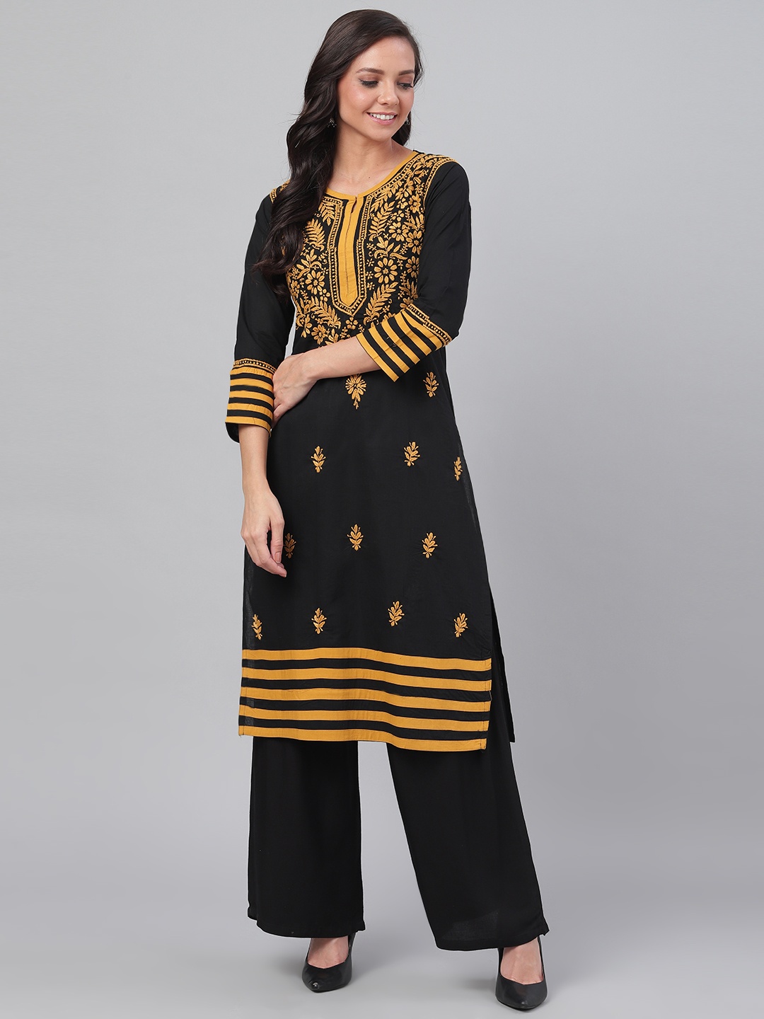 

ADA Women Black & Mustard Yellow Chikankari Embroidered Straight Sustainable Handloom Kurta