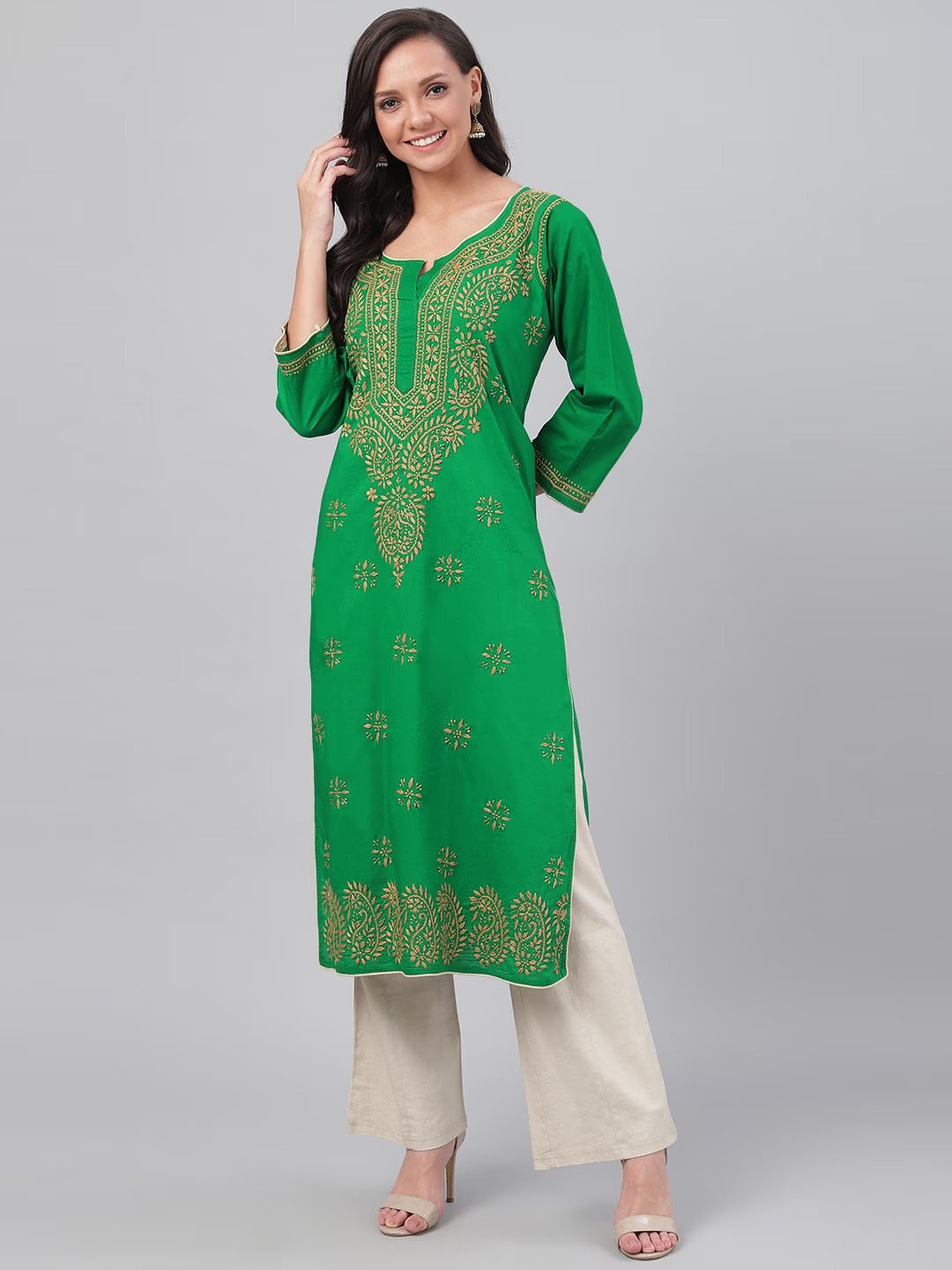 

ADA Women Green & Beige Chikankari Hand Embroidered Straight Handloom Kurta