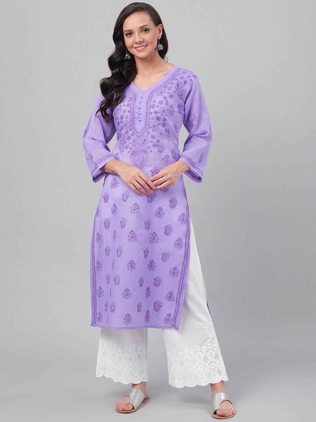 

ADA Women Purple Chikankari Embroidered Straight Sustainable Handloom Kurta