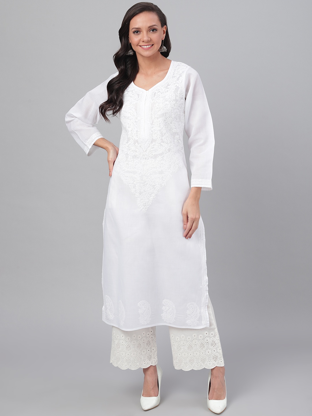 

ADA Women White Chikankari Hand Embroidered Straight Sustainable Handloom Kurta