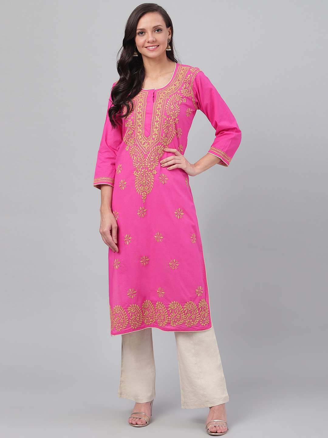 

ADA Women Pink & Beige Paisley Chikankari Hand-Embroidered Straight Handloom Kurta
