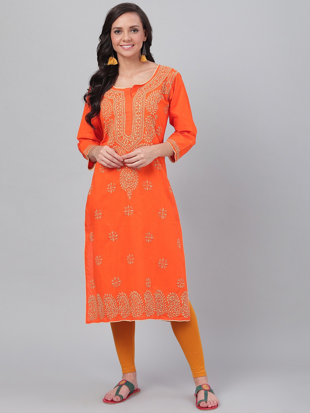 

ADA Women Orange & Beige Paisley Chikankari Hand-Embroidered Straight Sustainable Handloom Kurta