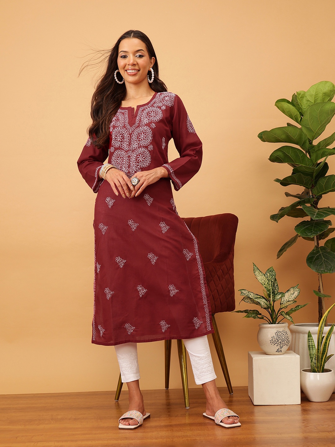 

ADA Women Red & White Chikankari Hand-Embroidered Straight Kurta