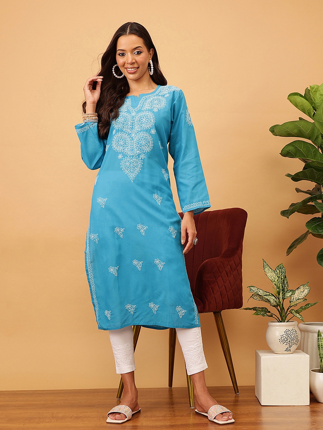 

ADA Women Blue & White Chikankari Hand Embroidered Straight Sustainable Kurta