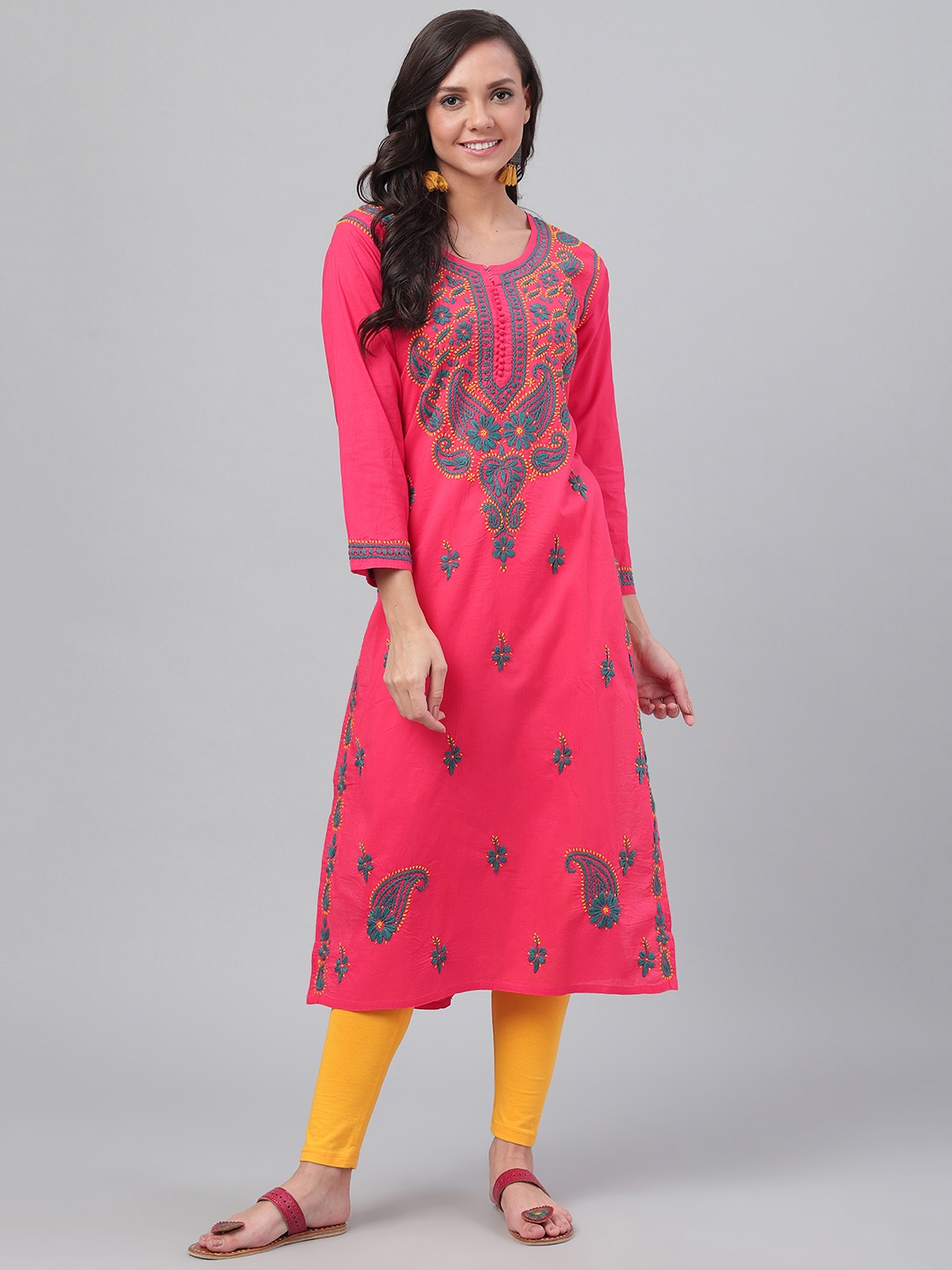 

ADA Women Pink & Blue Chikankari Hand Embroidered Straight Sustainable Handloom Kurta