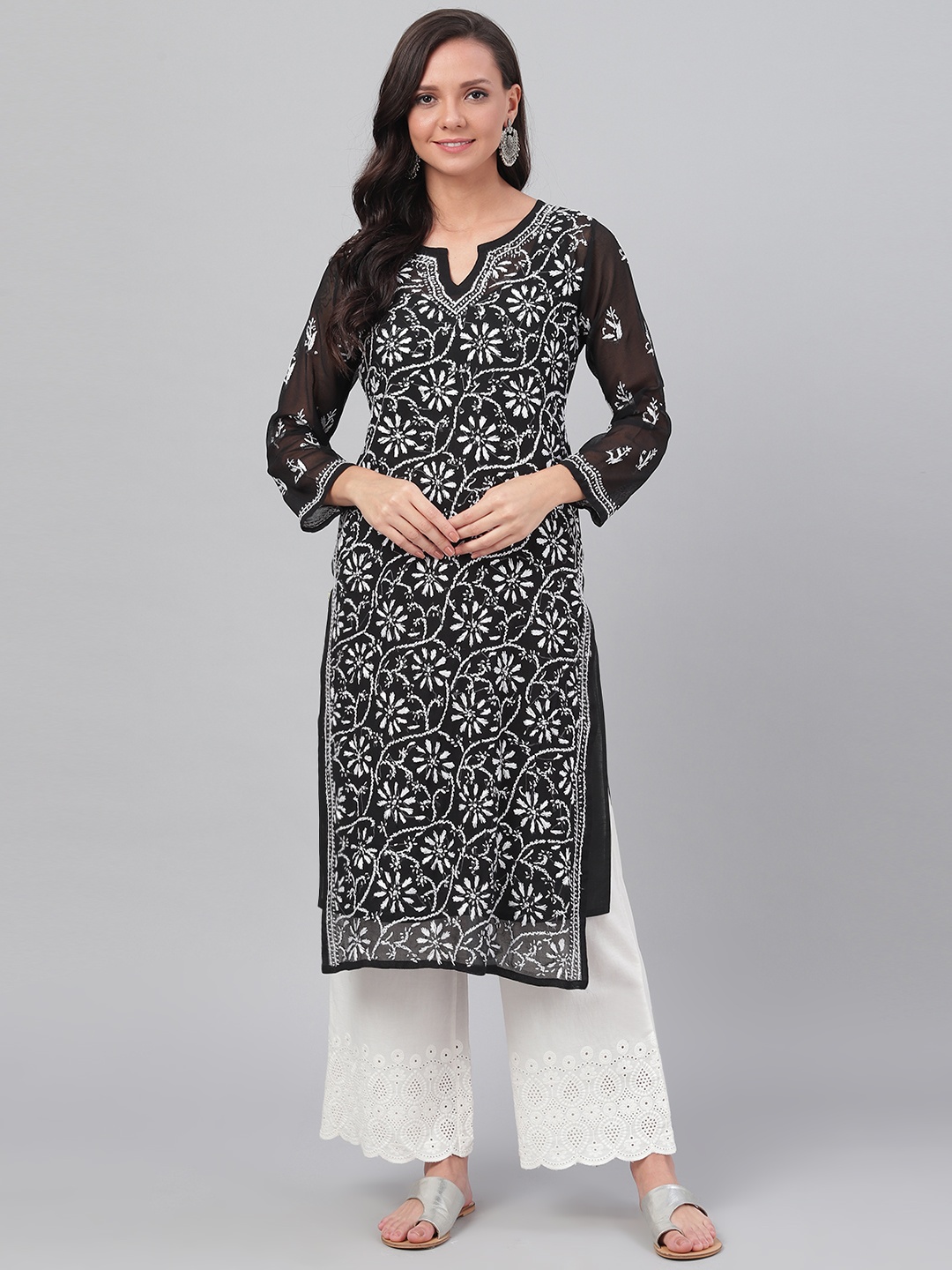 

ADA Women Black & White Chikankari Hand Embroidered Straight Sustainable Handloom Kurta With Slip