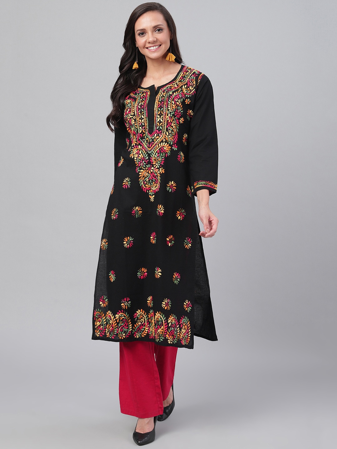 

ADA Women Black & Pink Ethnic Motifs Embroidered Chikankari Handloom Kurta