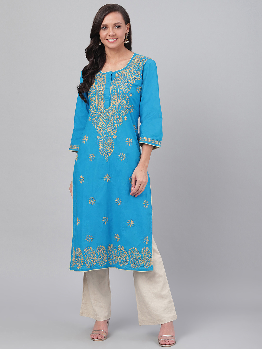 

ADA Women Blue & Beige Chikankari Hand Embroidered Straight Handloom Kurta