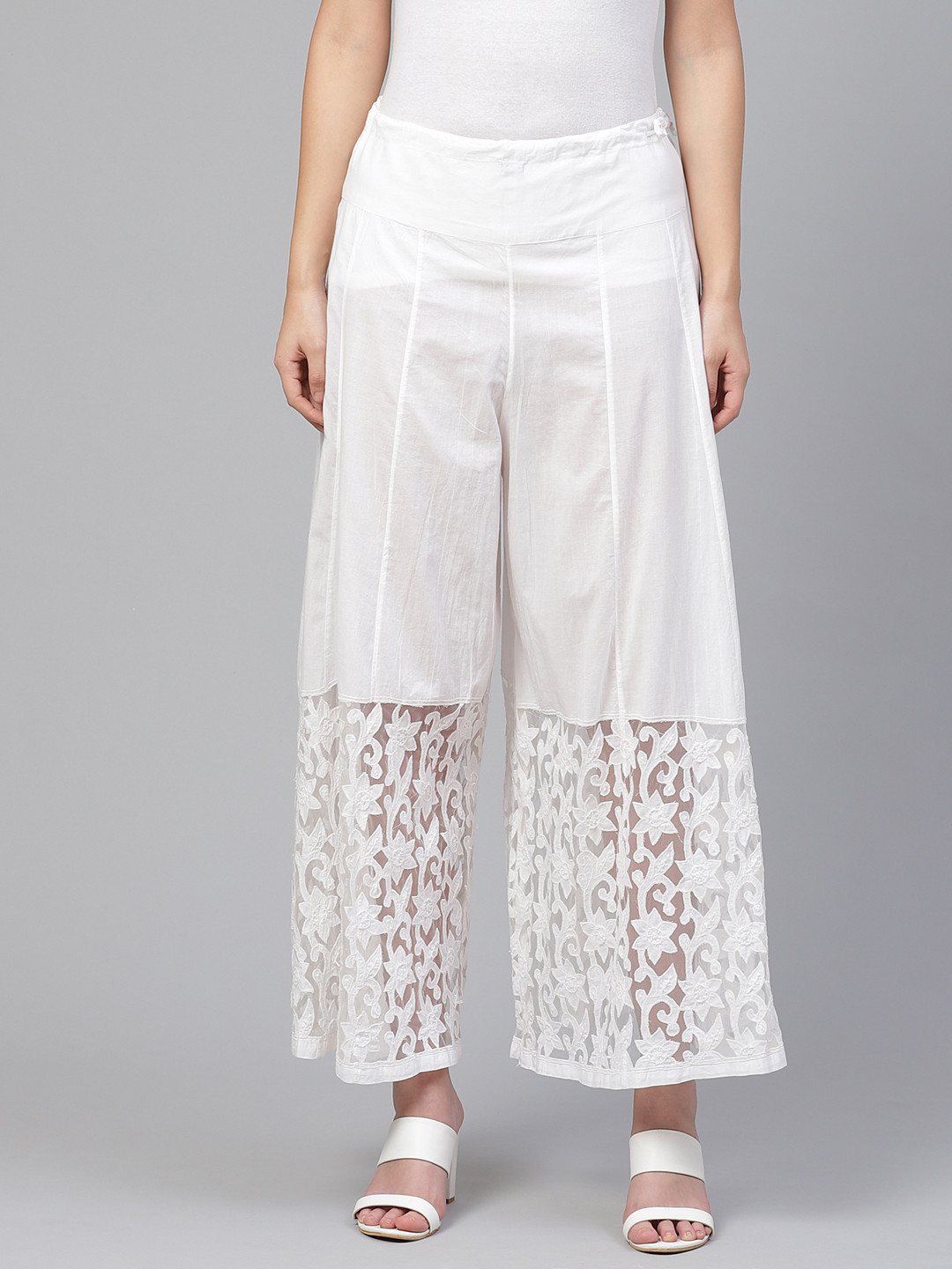 

ADA Women White Chikankari Hand Embroidered Chambray Wide Leg Sustainable Handloom Palazzos