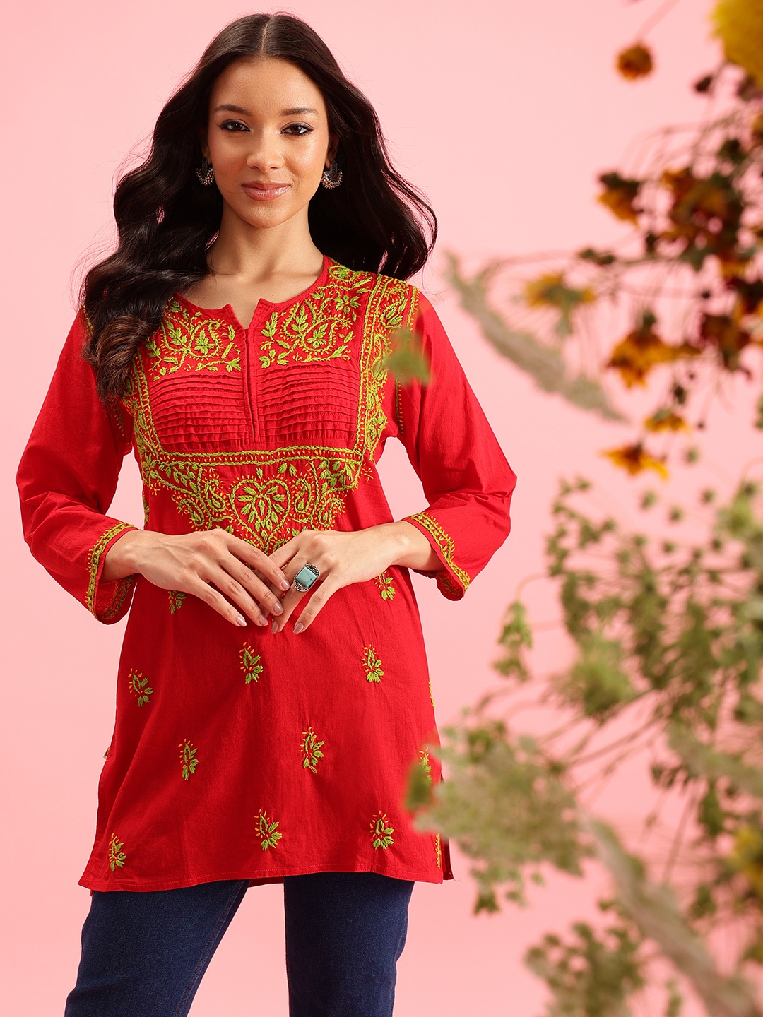 

ADA Women Red & Green Chikankari Embroidered Pure Cotton Straight Handloom Kurti