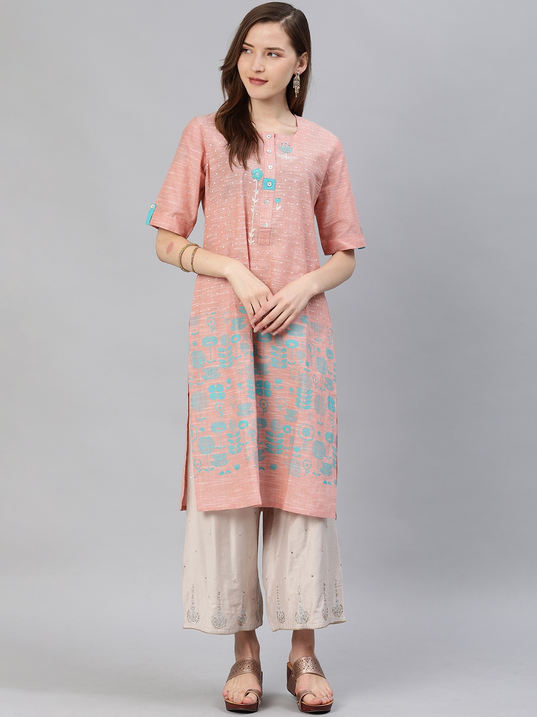 

araaliya Women Peach & Turquoise Blue Printed Straight Kurta with Embroidered Detail