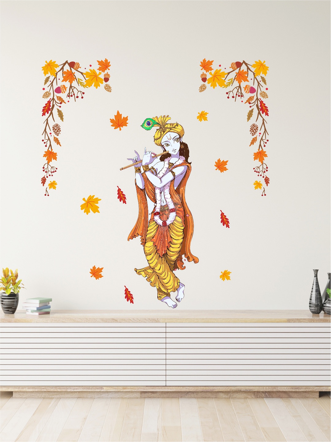 

rawpockets Lord krishna and Autumn Leaf Wall Stickers, Multi