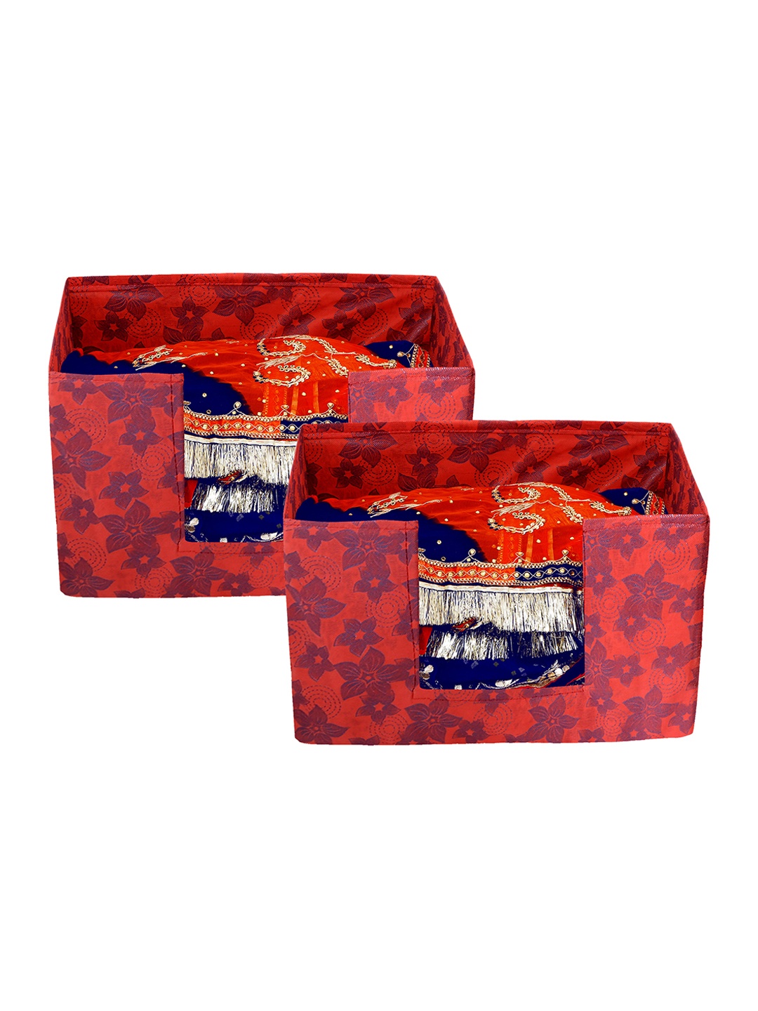 

Kuber Industries Unisex Set Of 2 Red Metalic Flower Printed Saree Stacker Organisers