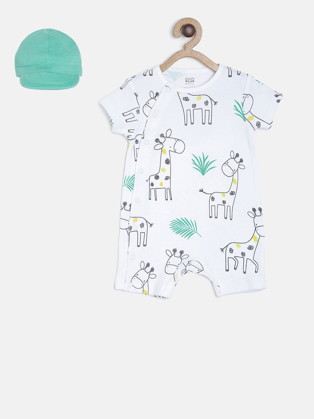 

MINI KLUB Infant Boys White & Black Printed Romper With Green Cap