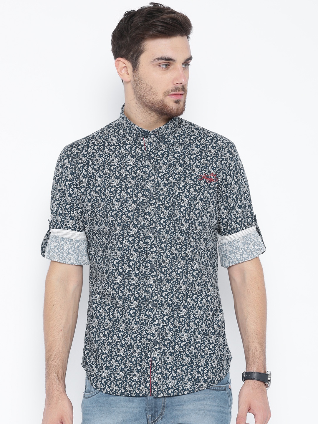 

Ed Hardy Navy & Off-White Printed Casual Shirt, Navy blue