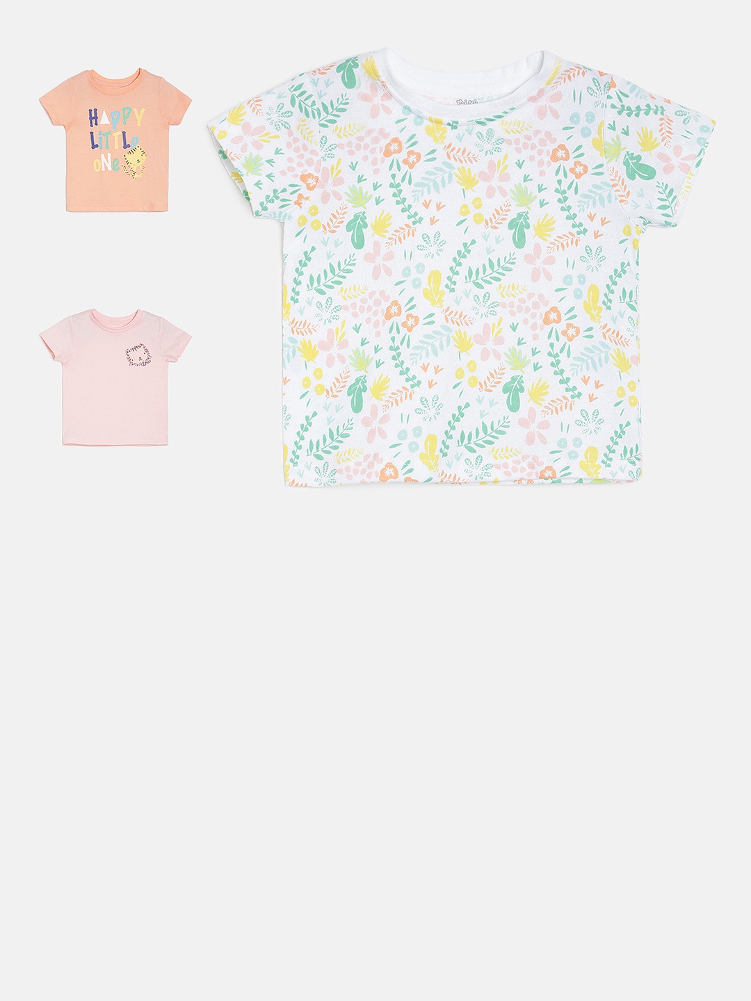 

MINI KLUB Girls Set of 3 Printed Round Neck Pure Cotton T-shirt, Orange
