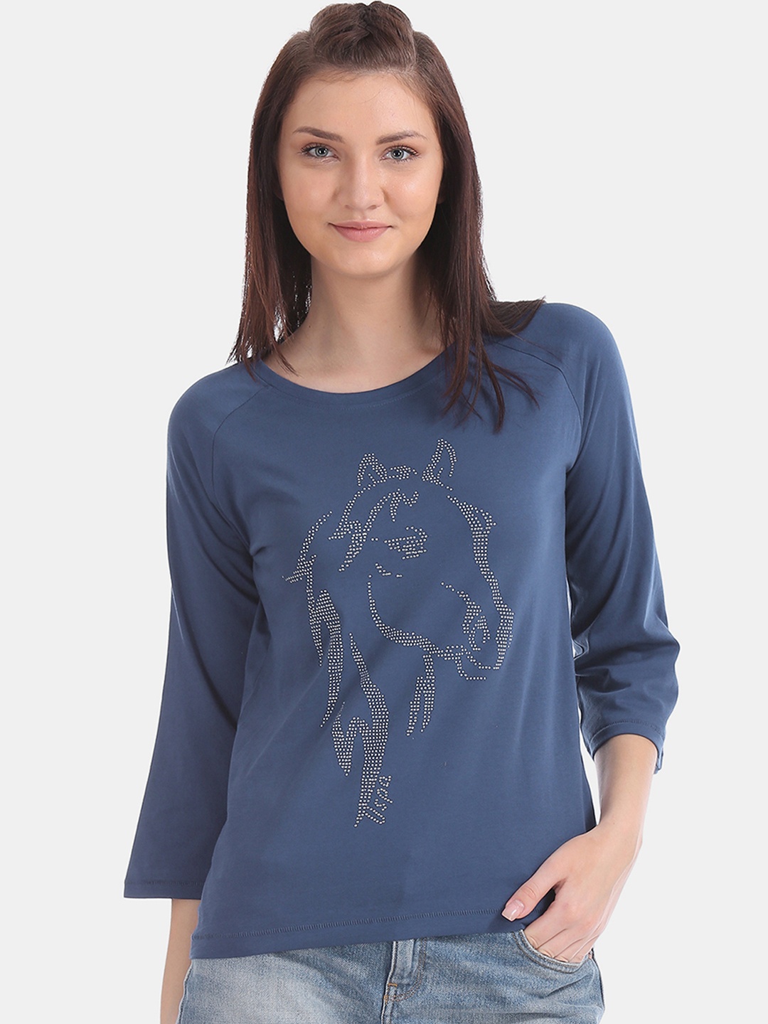 

U.S. Polo Assn. Women Women Blue Printed Round Neck T-shirt