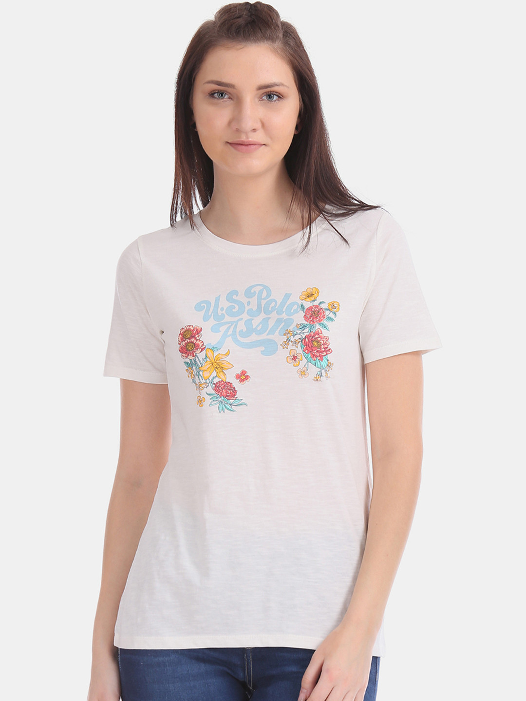 

U.S. Polo Assn. Women Women White Printed Round Neck T-shirt