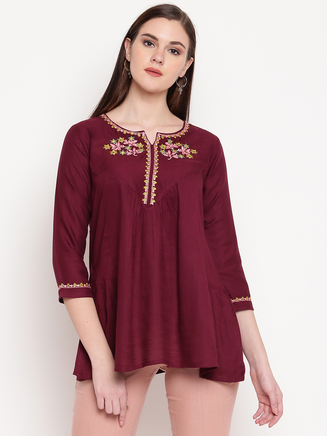 

Vbuyz Women's Burgundy & Yellow Embroidered Tunic
