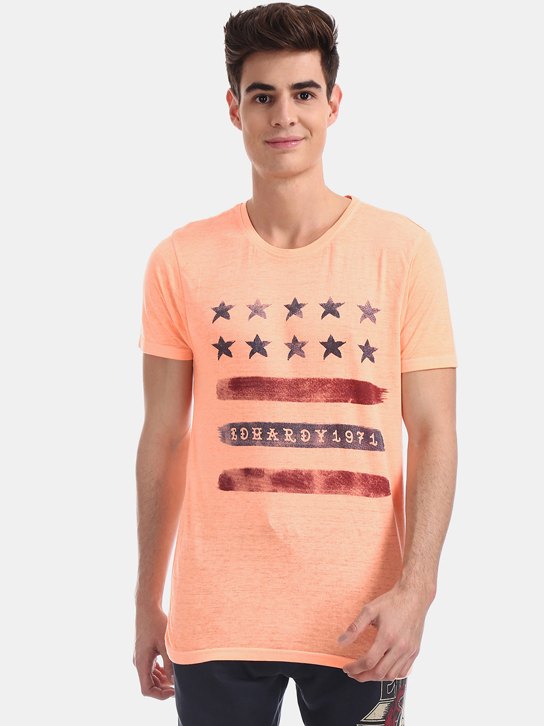 

Ed Hardy Men Orange & Navy Blue Printed Round Neck T-shirt