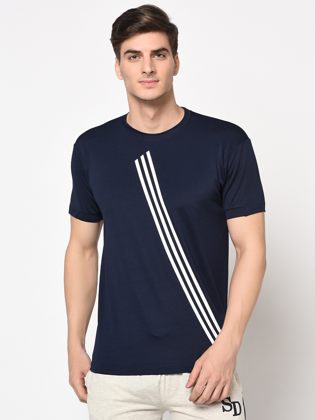 

ARMISTO Men Blue Striped Round Neck DRI-FIT T-shirt