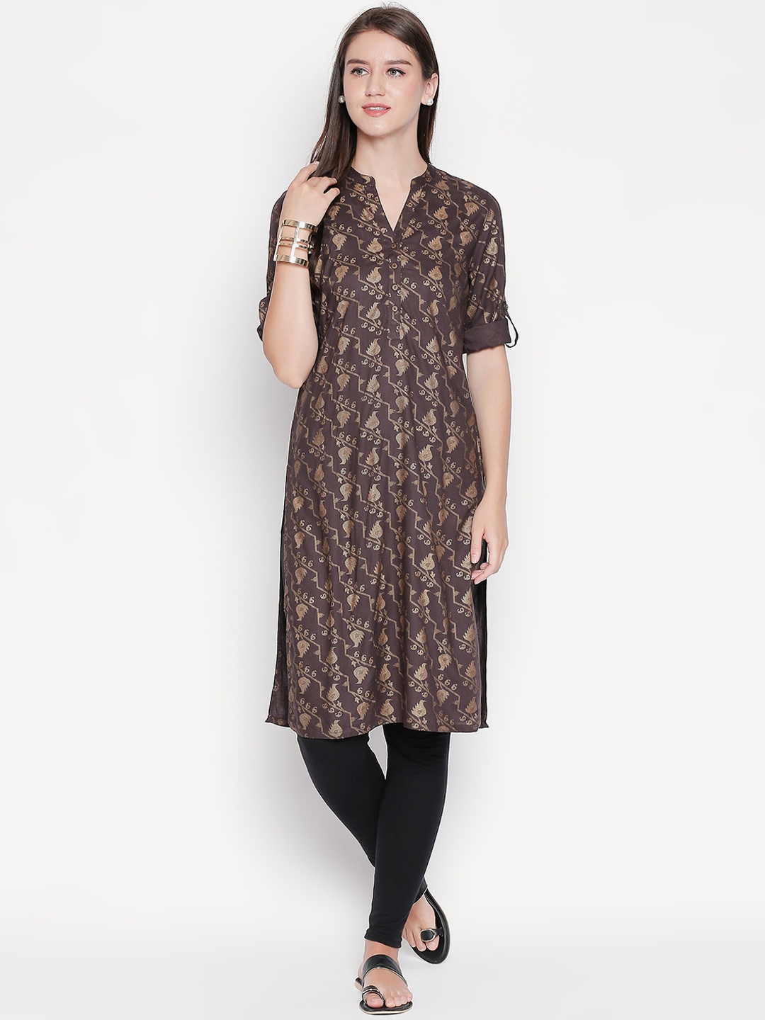 

RANGMANCH BY PANTALOONS Women Grey & Gold-Toned Printed Straight Kurta