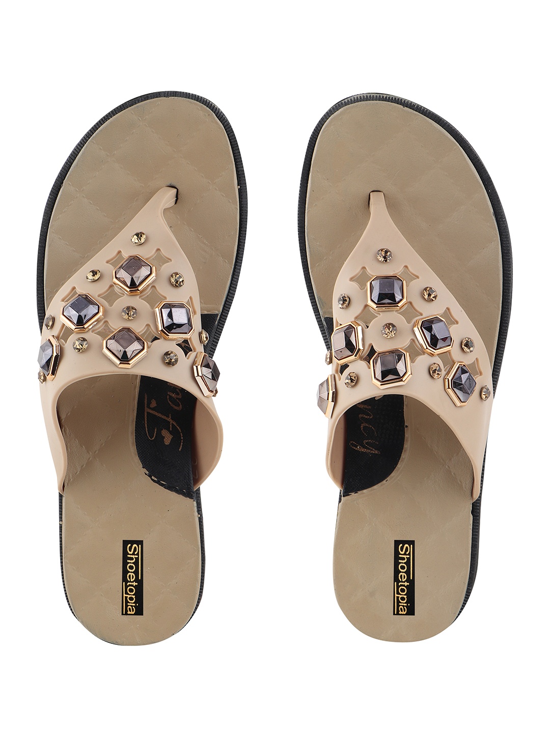 

Shoetopia Women Beige Embellished Open Toe Flats