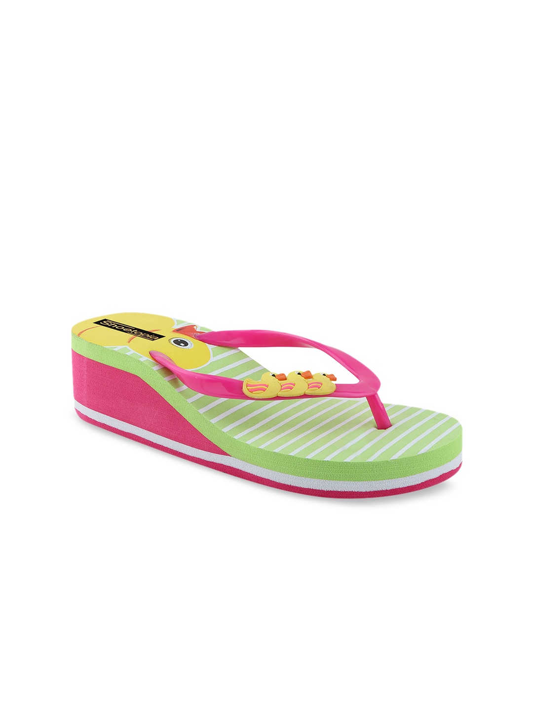 

Shoetopia Women Pink & Yellow Striped Heeled Flip-Flops