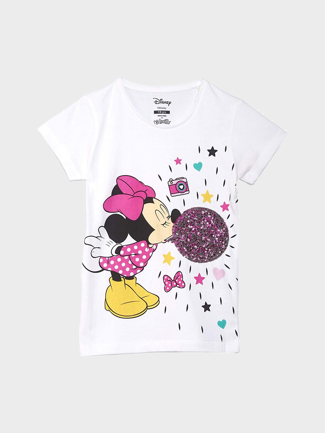 

Kids Ville Girls White & Pink Minnie Mouse Printed Round Neck T-shirt