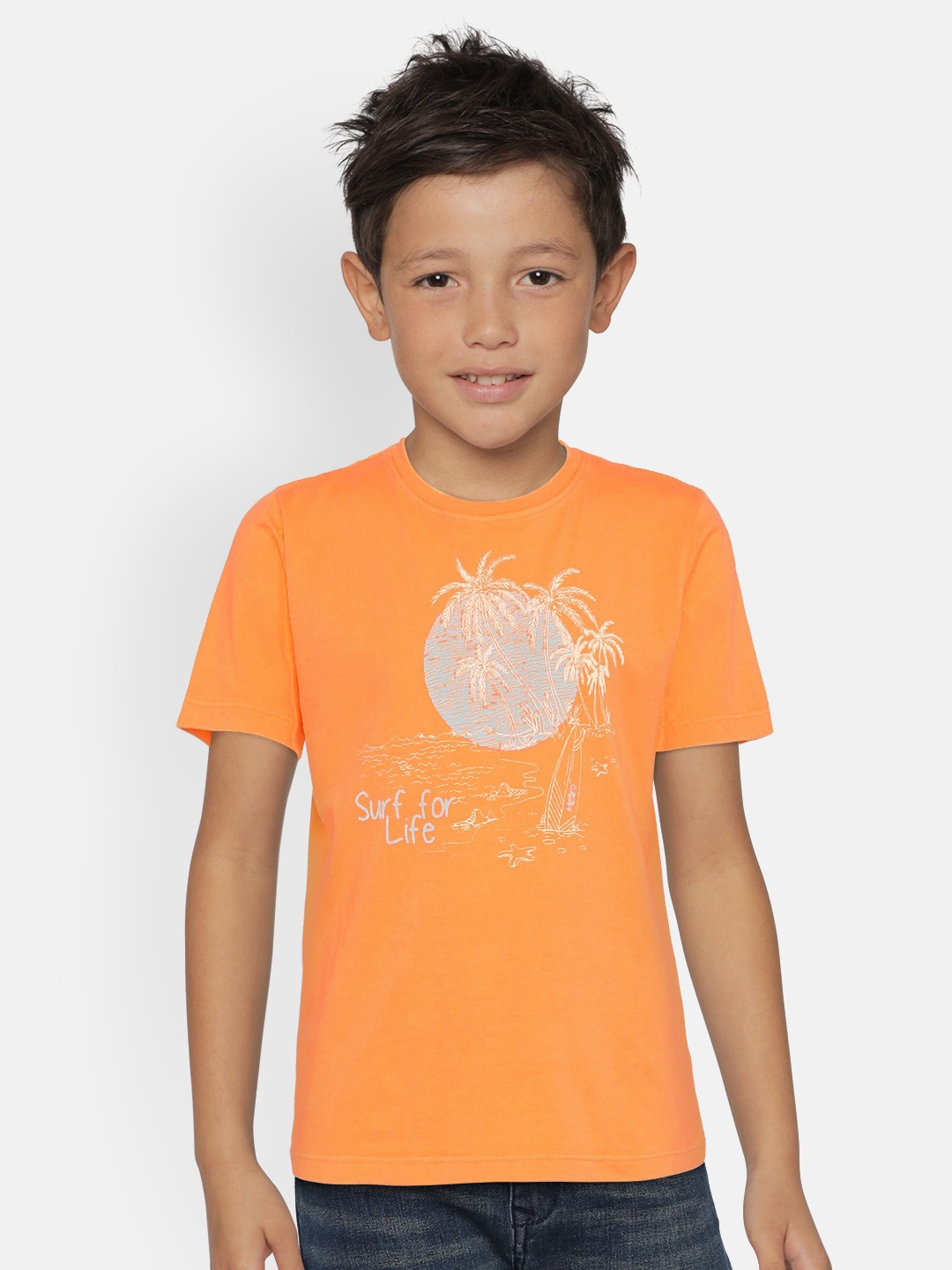 

METRO KIDS COMPANY Boys Orange Organic Cotton Printed Round Neck T-shirt