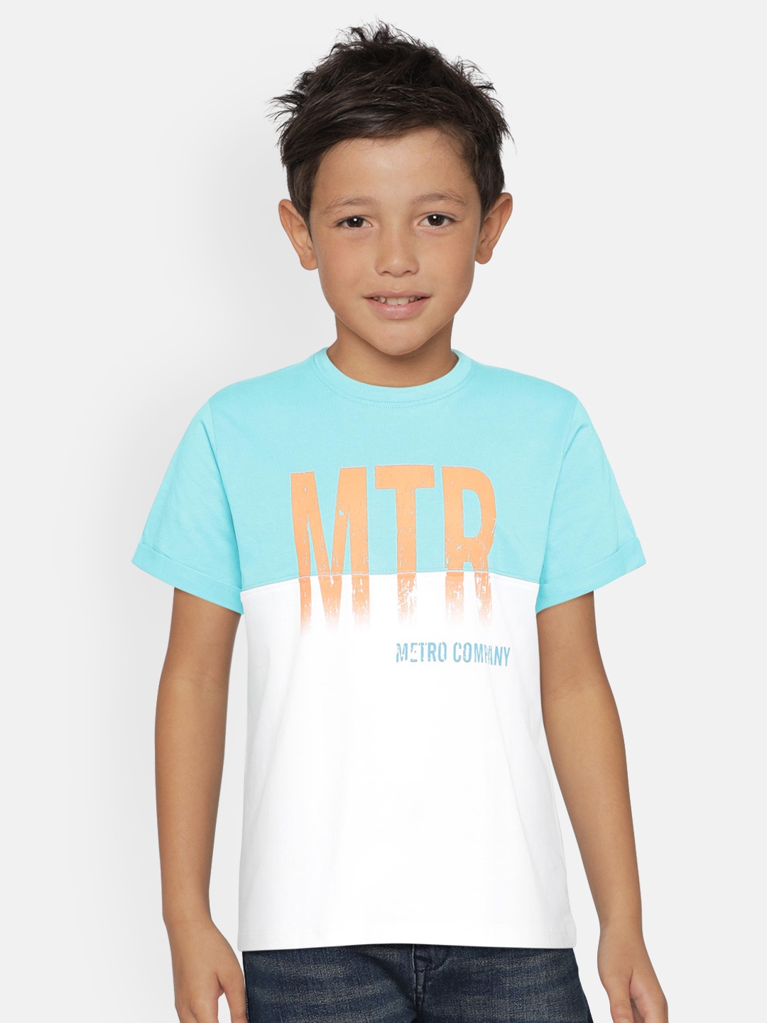 

METRO KIDS COMPANY Boys Turquoise Blue & White Organic Cotton Colourblocked Round Neck T-shirt