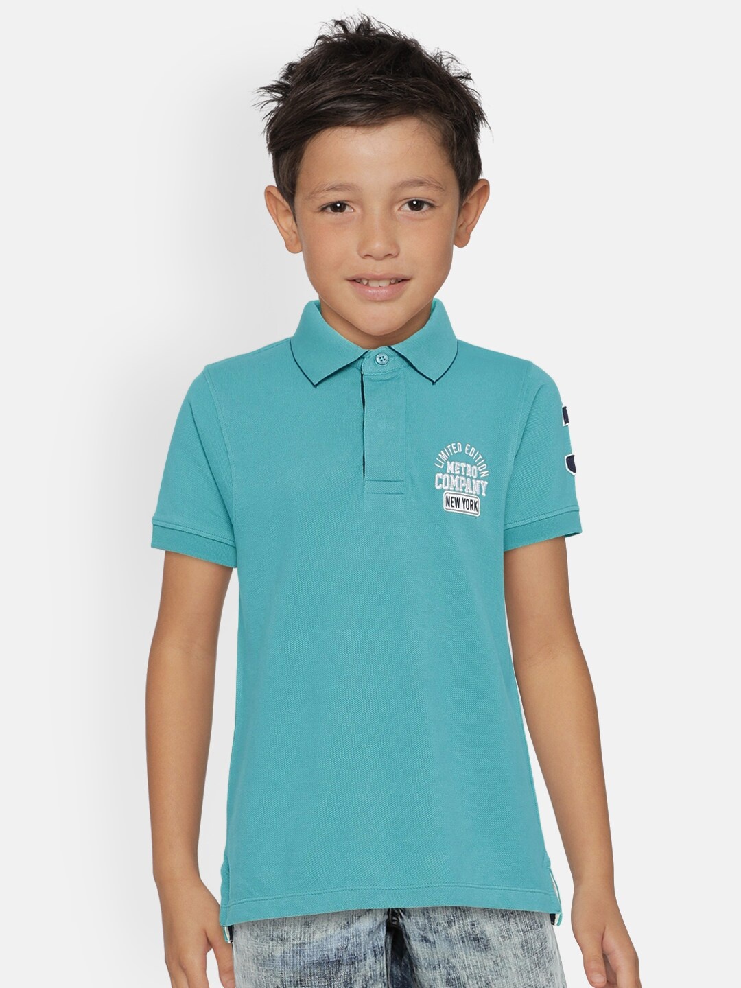 

METRO KIDS COMPANY Boys Turquoise Blue Organic Cotton Polo Collar T-shirt