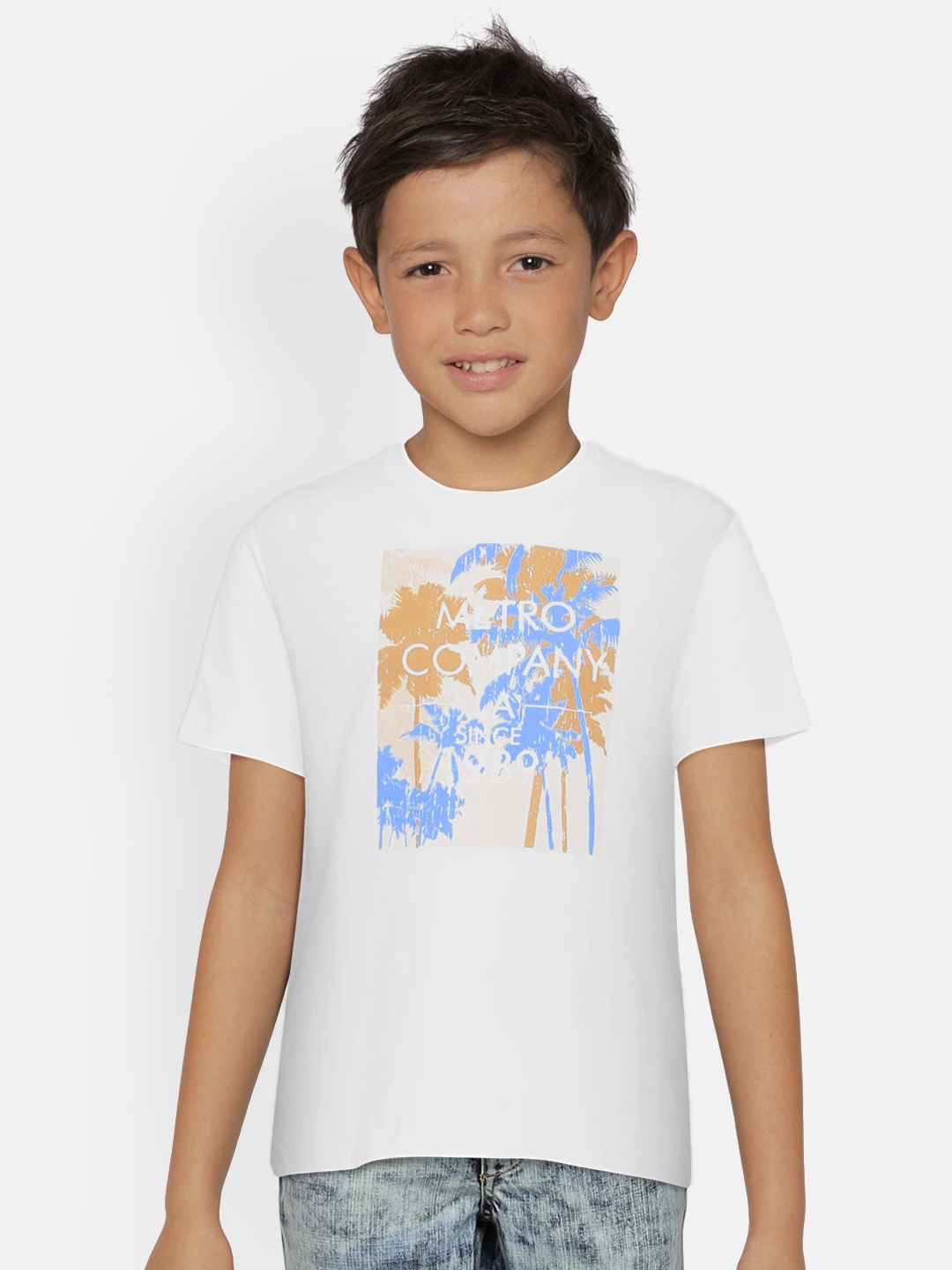 

METRO KIDS COMPANY Boys White Organic Cotton Printed Round Neck T-shirt