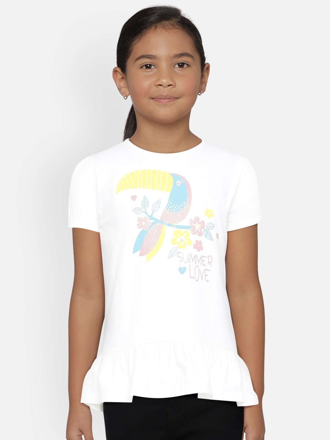 

METRO KIDS COMPANY Girls White Organic Cotton Printed Round Neck T-shirt
