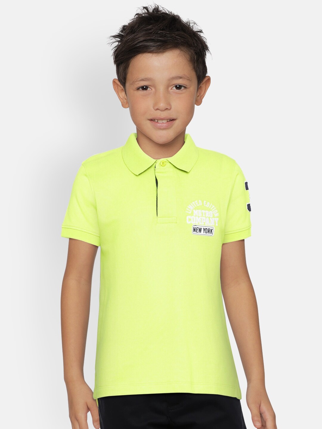 

METRO KIDS COMPANY Boys Lime Green Organic Cotton Self Design Polo Collar T-shirt