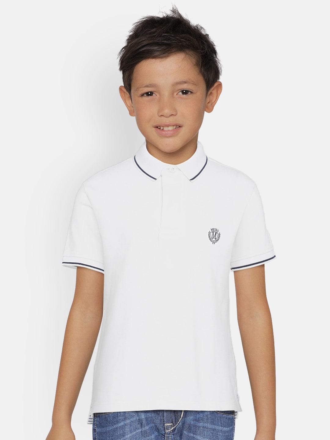 

METRO KIDS COMPANY Boys White Organic Cotton Solid Polo Collar T-shirt
