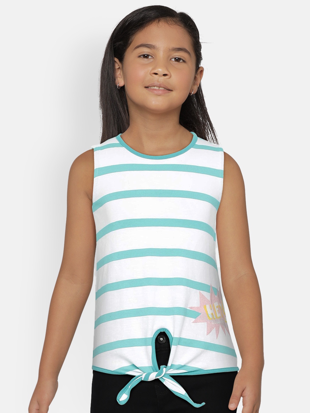 

METRO KIDS COMPANY Girls Blue Organic Cotton Striped Round Neck T-shirt