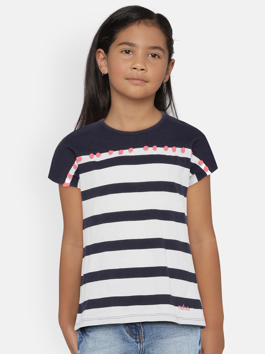 

METRO KIDS COMPANY Girls Navy Blue & White Organic Cotton Striped Round Neck T-shirt