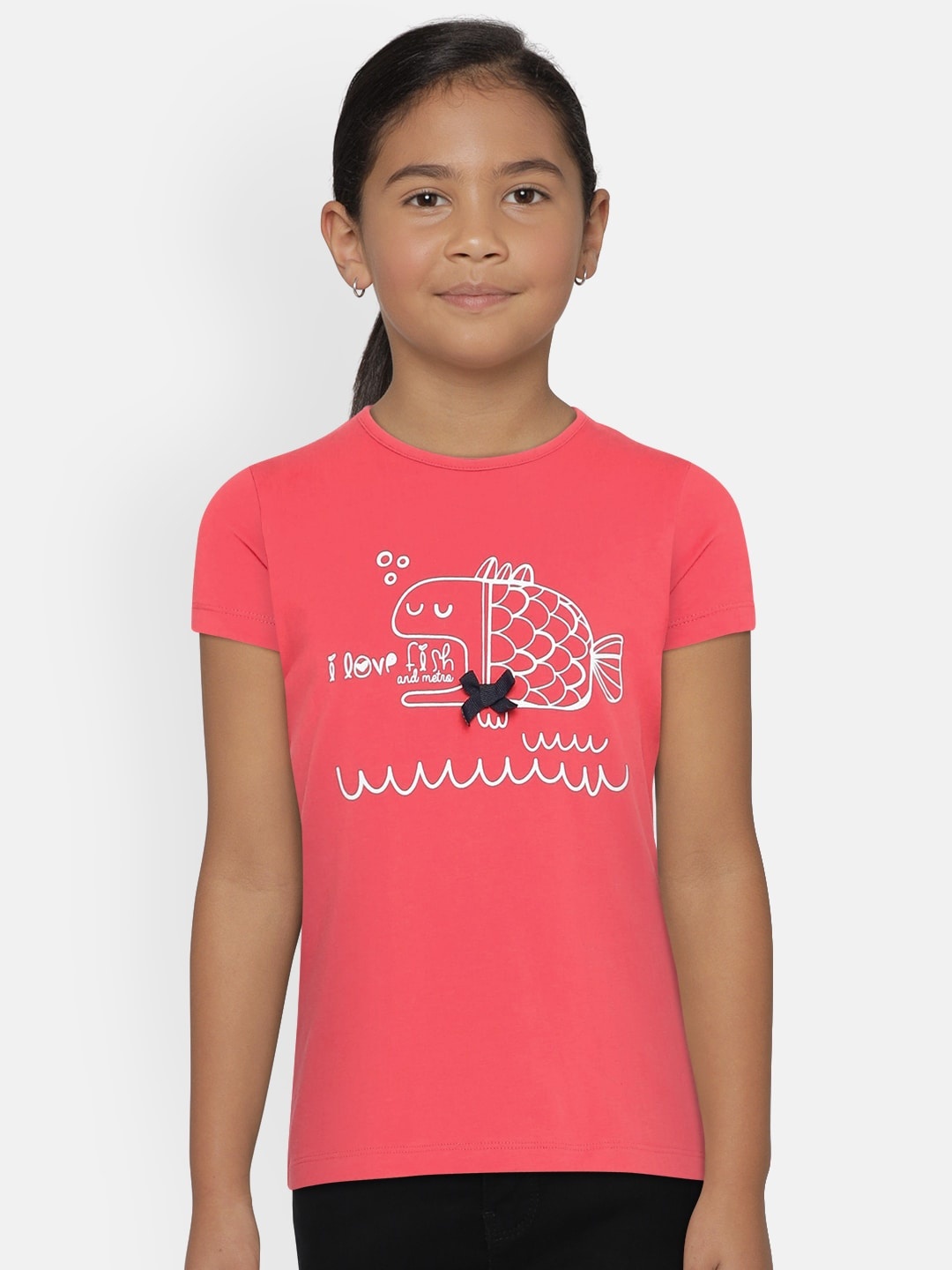 

METRO KIDS COMPANY Girls Red Organic Cotton Printed Round Neck T-shirt