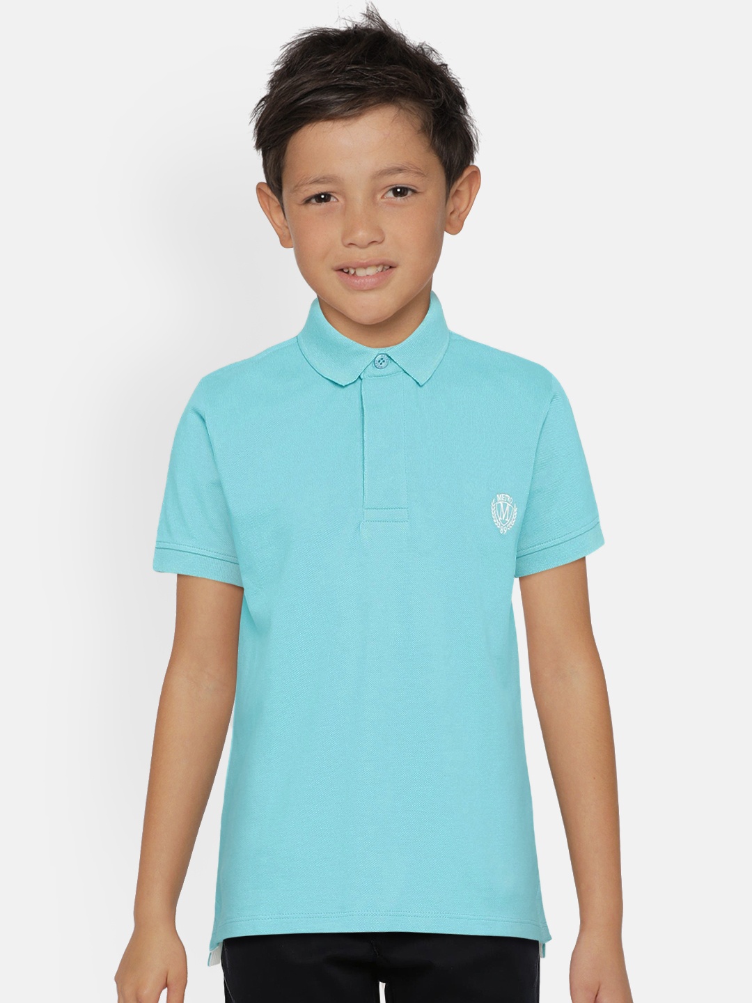 

METRO KIDS COMPANY Boys Turquoise Blue Organic Cotton Solid Polo Collar T-shirt